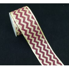 2.5 Inch Wired Christmas Ribbon with Gold Metallic Chevron Stripes on Burgundy Faux Burlap, 2-1/2 In. X 10 Yds (Lot of 1 Spool) SALE ITEM